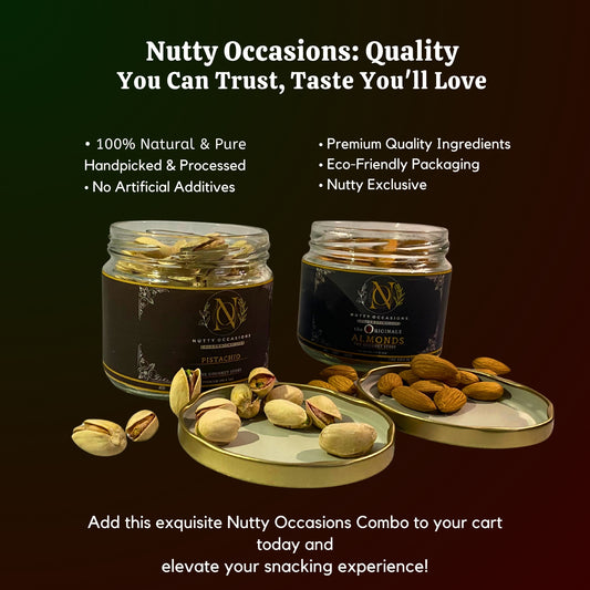 Nutty Occasions: 100% Pure Heart & Brain Boost Combo - Unpolished Almonds & Natural Pistachios in Reusable Glass Jars (350g Total)