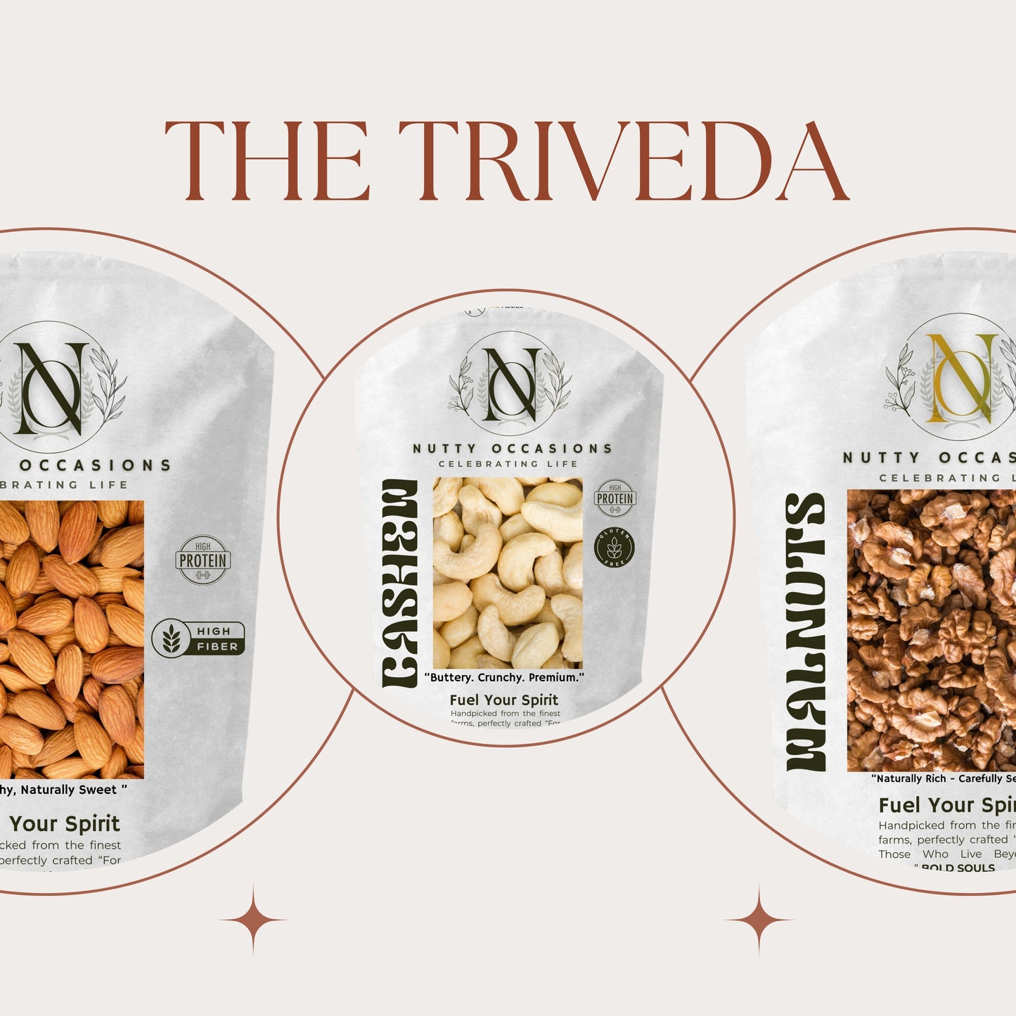 Nutty Occasions : The TriVeda | A++ Grade Walnuts, W210 Cashews & Premium Almonds | Signature Premium Mixed Dry Fruits | 1.5 KG