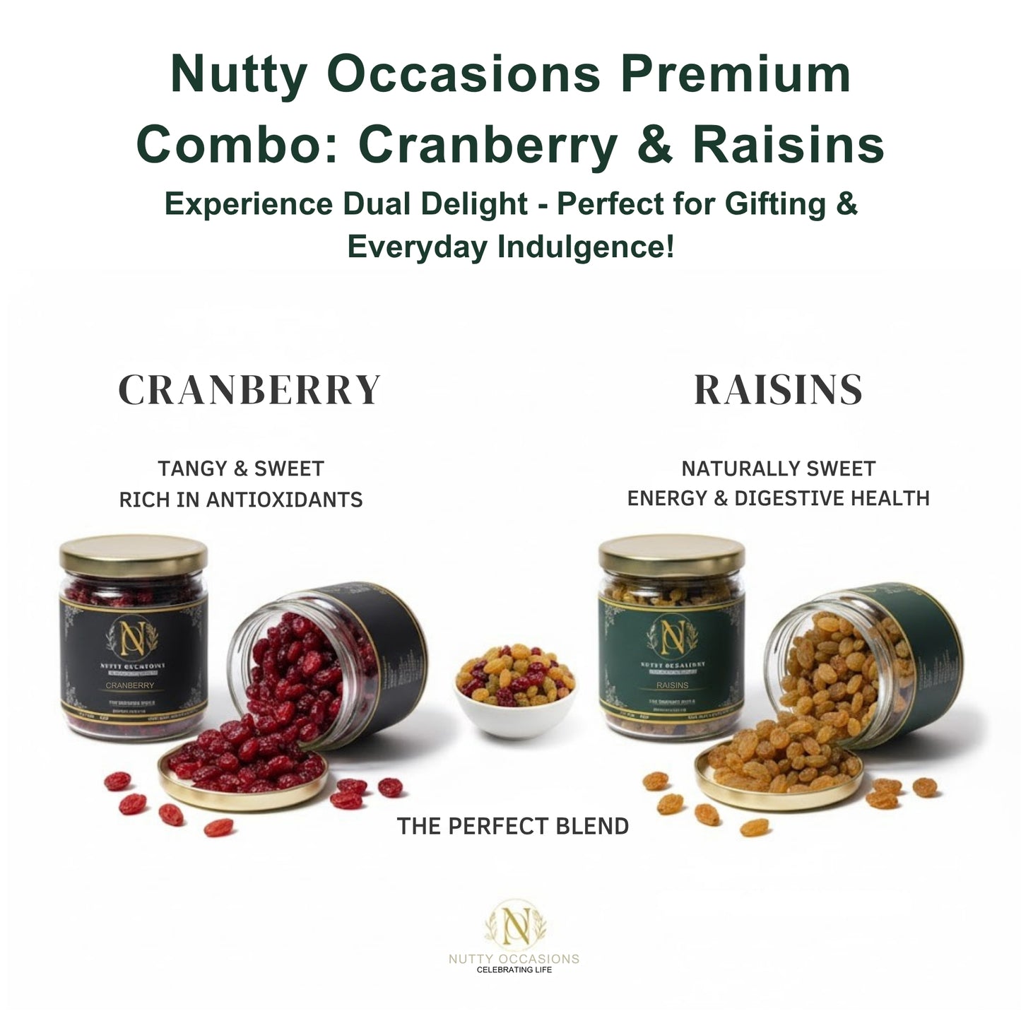 Nutty Occasions Gourmet Duo: Antioxidant-Rich Dried Cranberries & Golden Sweet Raisins | Premium Healthy Snack  | Heart Health & Digestive Aid | Airtight Reusable Glass Jars | 350 Grams