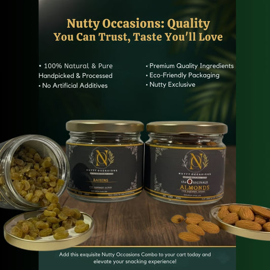 Nutty Occasions Gourmet  Almonds & Sweet Raisins Combo - 100% Natural, Zero Additives | Premium Handpicked Dry Fruits in Reusable Glass Jars | Healthy Snacking | 350 Grams