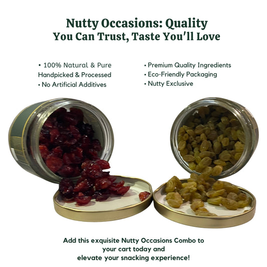 Nutty Occasions Gourmet Duo: Antioxidant-Rich Dried Cranberries & Golden Sweet Raisins | Premium Healthy Snack  | Heart Health & Digestive Aid | Airtight Reusable Glass Jars | 350 Grams