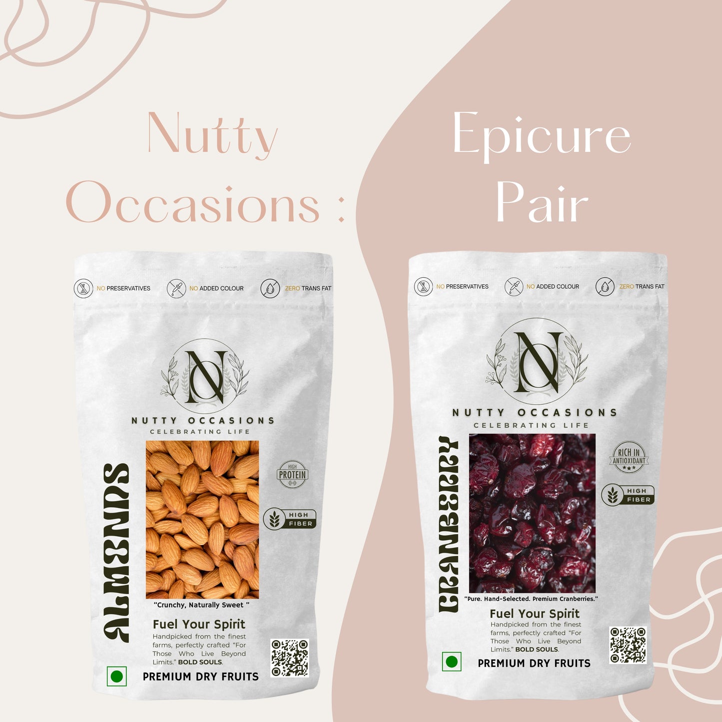 Nutty Occasions : Epicure Pair | A++ Grade Almonds & Cranberry Duo - Heart Health & Brain Boost Snack Pack | 1 KG